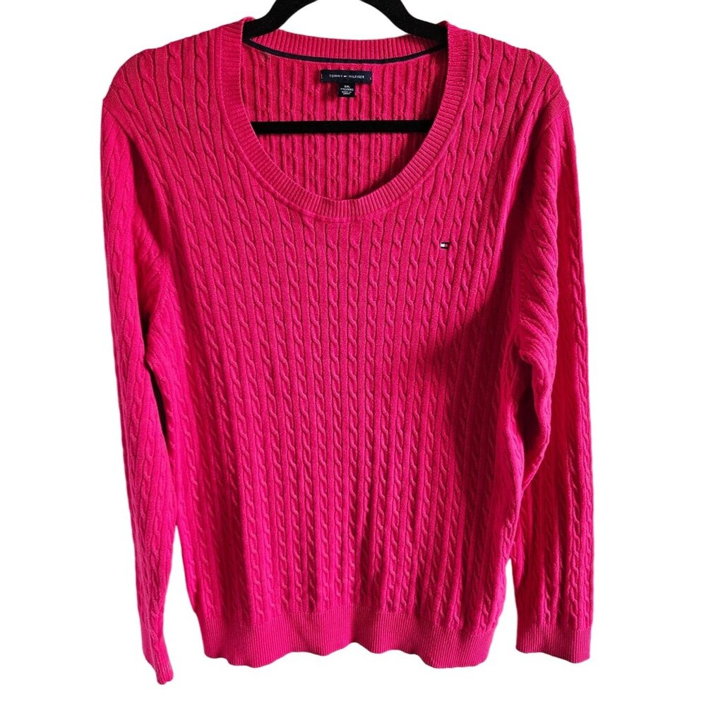 Tommy Hilfiger Woman Size XXL Pink/Red Cable Knit Sweater 100%Cotton Preppy logo